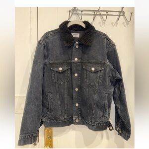 AGOLDE Harper Sherpa Jean Jacket Time Out Black Denim Sherpa Collar Large $248